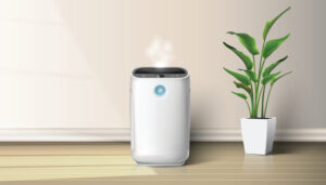 air purification and humidification device designed for residential use placed on a wooden floor. hvac new orleans.